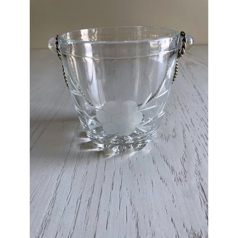 Vintage Midcentury Glass Ice Bucket Etched Floral Design Twisted Metal Handle 5